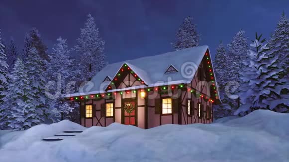 乡村的房子在冬夜照亮圣诞节视频的预览图