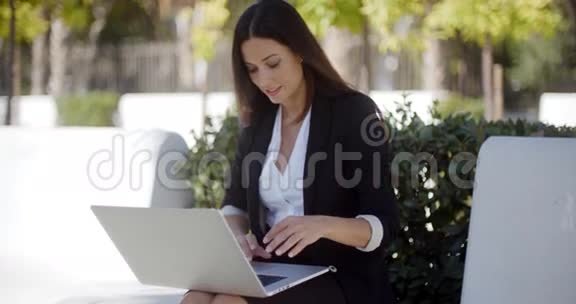 在公园里用笔记本电脑工作的女商人视频的预览图