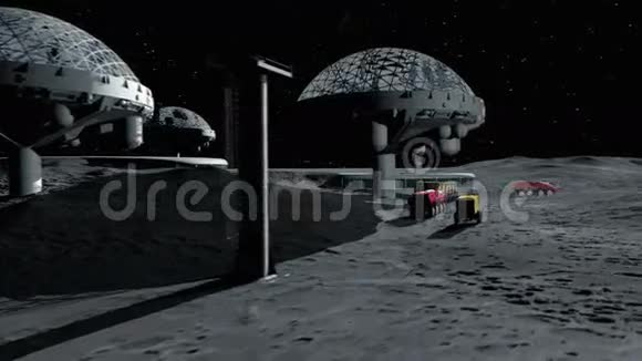 未来派城市基地月球上的城镇地球的太空观3D渲染视频的预览图