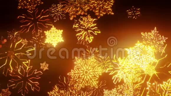 三维金色圣诞背景与波克和深场闪亮的玩具雪花悬挂在空中漂亮的3D视频的预览图