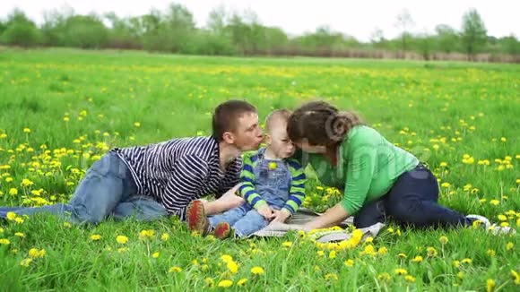 阳光明媚的一天一家人在草地上视频的预览图