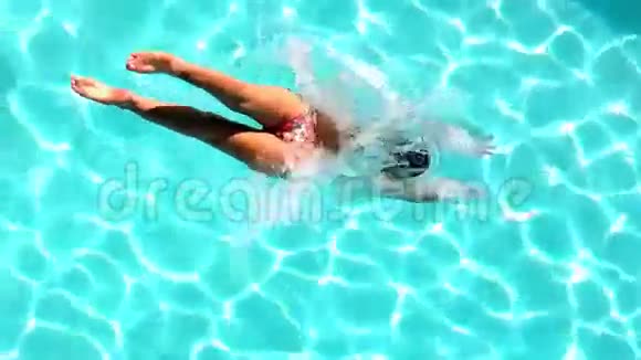 游泳池中的黑发跳水视频的预览图