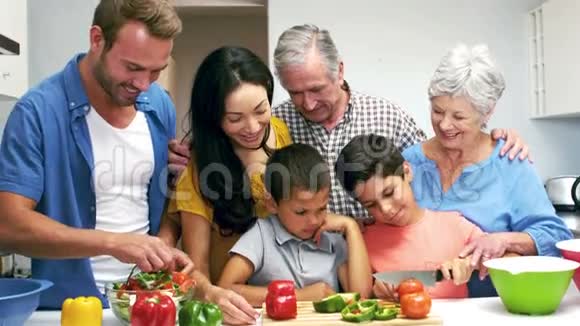 可爱的家庭在厨房里切蔬菜视频的预览图