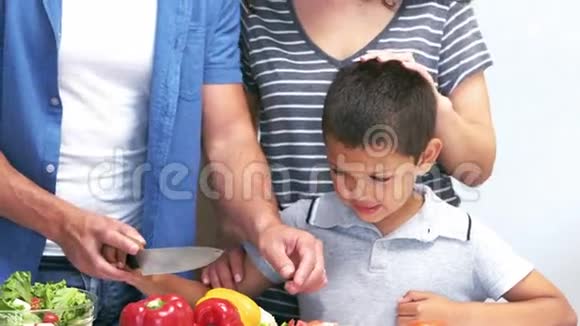 可爱的家庭在厨房里切蔬菜视频的预览图