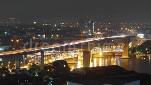 夜光曼谷酒店顶顶交通公路河桥4k时间间隔泰国视频的预览图