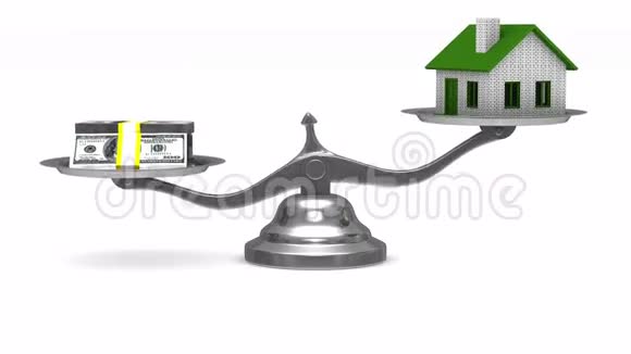 房子和钱的天平孤立的3D视频的预览图