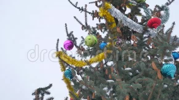 玩具球云杉挂在圣诞树上自然圣诞新年视频的预览图