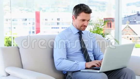 坐在沙发上的商人在打手提电脑视频的预览图