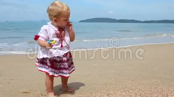 穿着乌克兰服装在海滩上刺绣的女孩视频的预览图