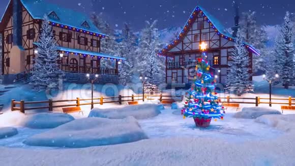 在下雪的圣诞夜高山山村视频的预览图