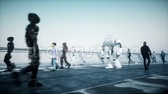 人和机器人科幻巨轮未来交通未来的概念逼真的4K动画视频的预览图