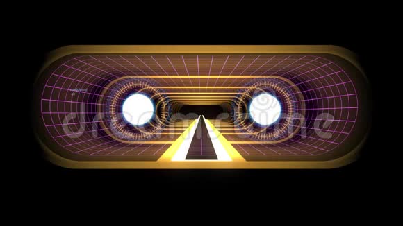 在外飞行通过VR黄色霓虹灯网格蓝灯网络隧道HUD界面运动图形动画视频的预览图