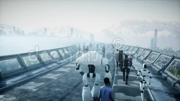 人和机器人科幻巨轮未来交通未来的概念逼真的4K动画视频的预览图