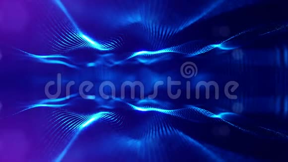 4K抽象背景的发光蓝色粒子与闪亮的波克火花暗成分振荡发光视频的预览图