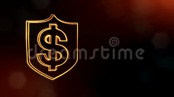 盾徽上的美元标志发光粒子的金融背景3D无缝动画与景深视频的预览图
