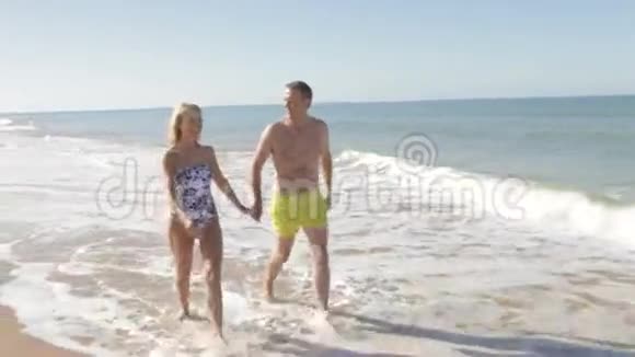 长者夫妇手牵着手沿着海滩散步视频的预览图