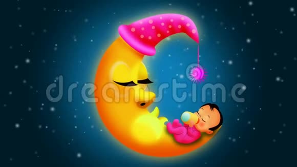 睡在月亮上的婴儿卡通摇篮曲的循环视频背景视频的预览图
