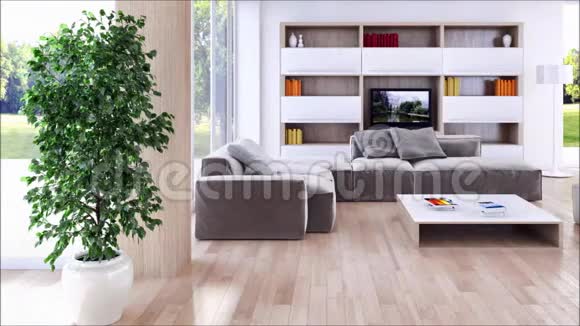 现代明亮的内部公寓客厅配有沙发3D渲染插图视频的预览图