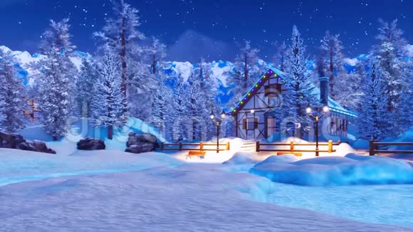 冬天的夜晚白雪皑皑的高山屋视频的预览图