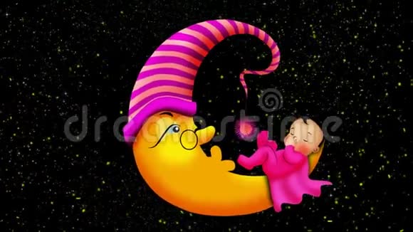 婴儿卡通睡在黄色的月亮上视频的预览图