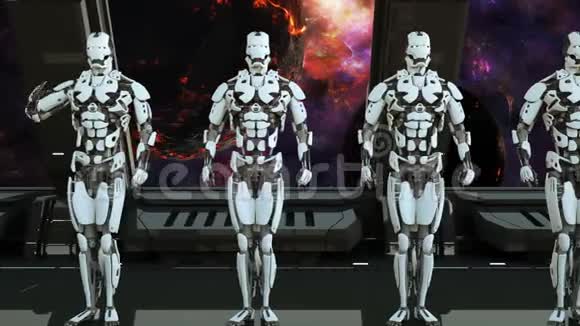 机器人士兵乘宇宙飞船在太空和行星的背景下敬礼不明飞行物的未来概念视频的预览图
