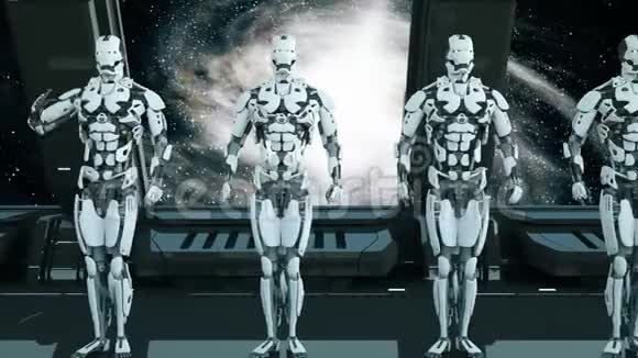 机器人士兵乘宇宙飞船在太空和行星的背景下敬礼不明飞行物的未来概念视频的预览图
