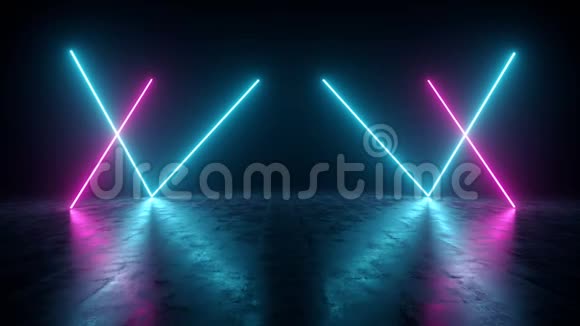 未来派科幻暗空房间与蓝色和紫色霓虹灯发光线管视频的预览图