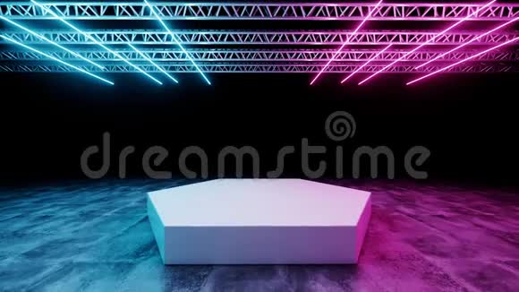 黑暗现代科幻未来霓虹灯发光蓝色和紫色灯管白色俱乐部舞台视频的预览图