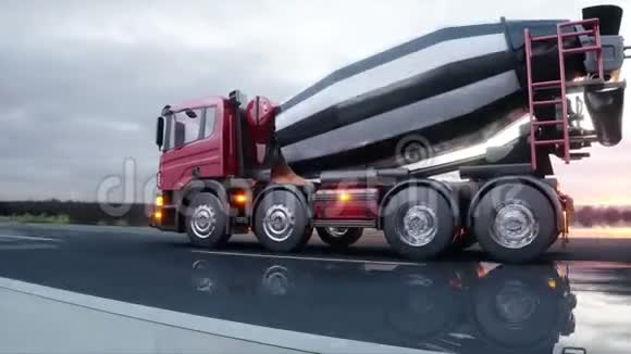 公路上的混凝土搅拌车开得很快筑和运输理念逼真的4K动画视频的预览图