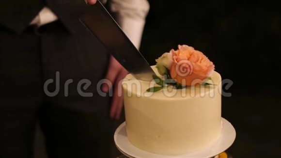 一对年轻夫妇在晚上用刀切一块白蛋糕视频的预览图