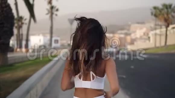 在柏油路边跑步的跑道妇女穿着白色运动服沿着棕榈树林慢跑户外跑步的女人视频的预览图