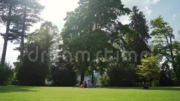 春天野餐时一家人坐在草地上时坐在草地上视频的预览图