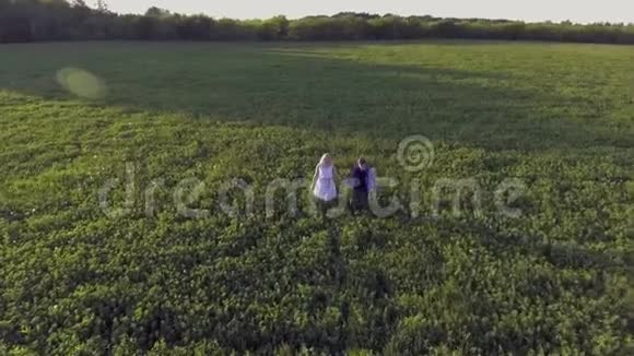 日落时分一个女孩和一个男人正穿过绿色的田野视频的预览图