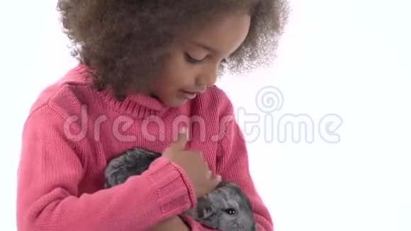 小非洲卷曲的女孩抱着灰色的下巴抚摸着白色的背景快关门慢动作视频的预览图