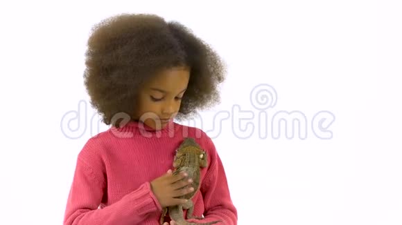 小非洲卷毛女孩在白色背景下抱着并抚摸着胡子慢动作视频的预览图