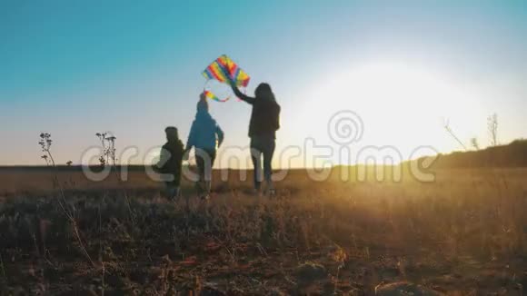 快乐的年轻母亲和两个孩子在日落时在草地上玩风筝有趣的家庭时光视频的预览图