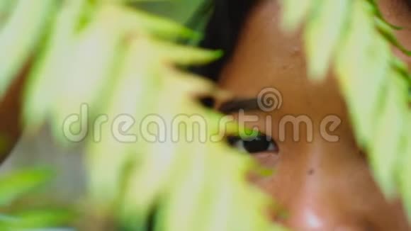 亚洲女孩美丽的异国情调在热带自然与棕榈树叶视频的预览图
