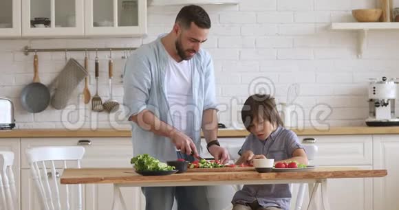 小父亲教小儿子切菜沙拉视频的预览图