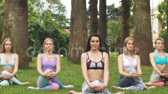 健身女性团体在户外公园花园做瑜伽姿势冥想视频的预览图
