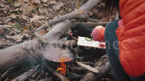 远足时在篝火上做饭一个女孩在篝火上用平底锅准备鸡蛋和西红柿和培根在露营视频的预览图