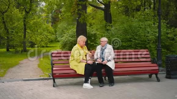 两位年迈的老奶奶坐在公园里聊天退休的老朋友视频的预览图