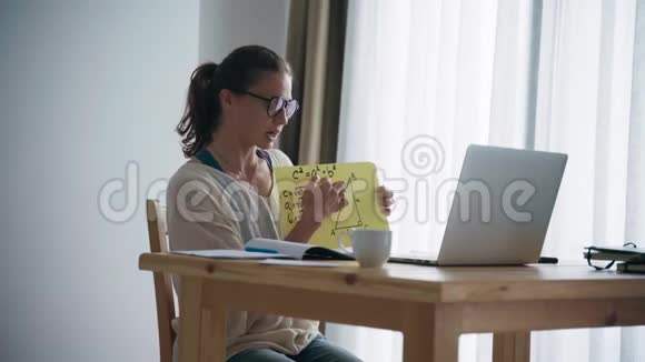 年轻女子学校的老师在家工作用她的笔记本电脑视频的预览图
