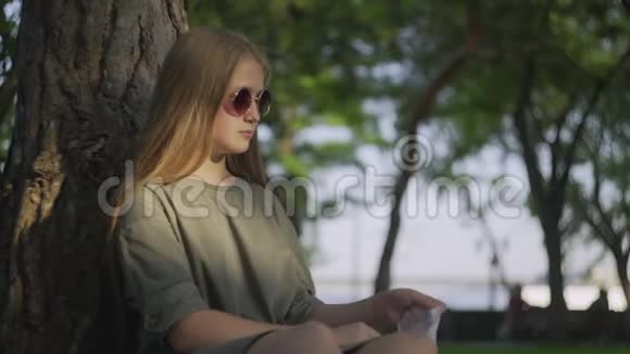 带着太阳镜的年轻女子坐在夏天公园的树旁从棉网购物袋里拿苹果零废物视频的预览图