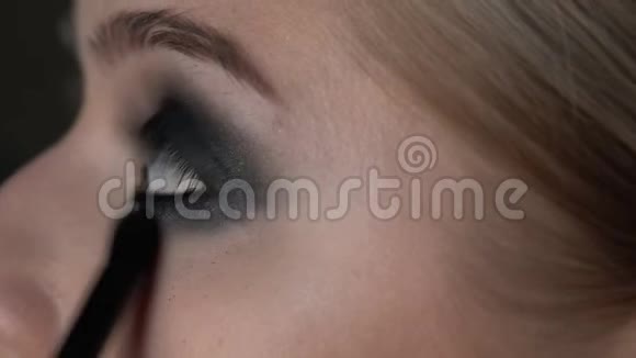 化妆师在美容工作室为年轻女性制作专业化妆的侧视化妆师化妆视频的预览图