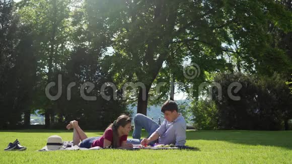 恋爱中的情侣野餐时在草坪上放松他用草莓喂女孩视频的预览图