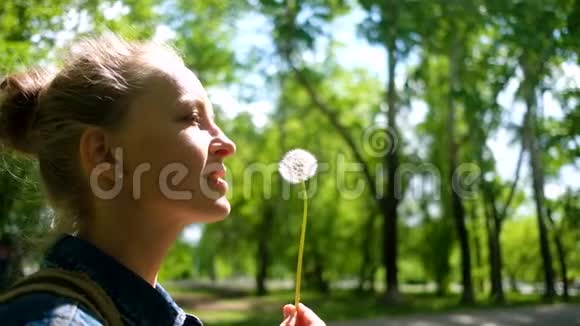 夏日公园吹白蒲公英的女人视频的预览图