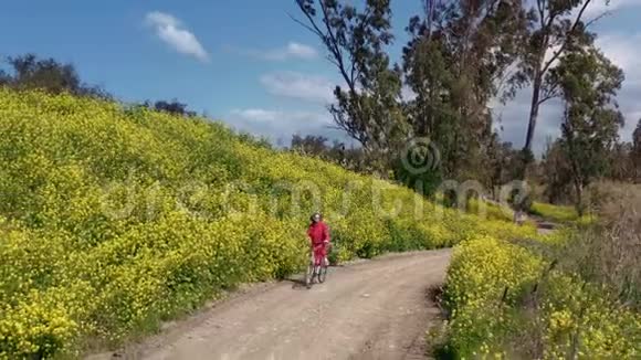 一个穿红色夹克的女孩骑着自行车在盛开的花朵旁边的农村视频的预览图