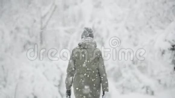 已定年轻美丽的白种人女孩穿着夹克走在冬天的森林在雪天慢动作视频的预览图