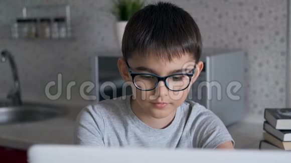 一个有魅力的男孩用笔记本电脑做作业的肖像视频的预览图