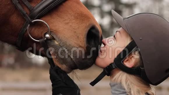 可爱的女骑手戴着骑师头盔抚摸和亲吻棕色的马的鼻子慢镜头视频的预览图